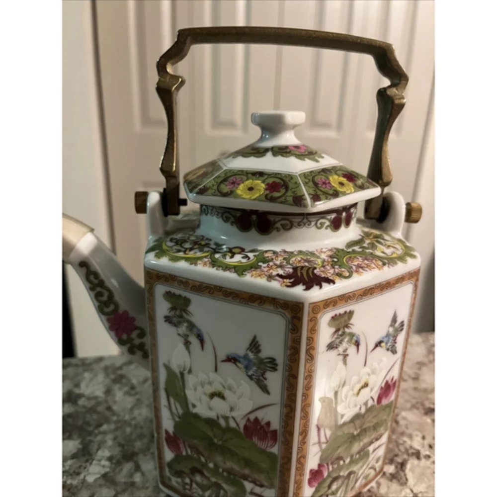 Vintage Japanese‎ Toyo Ming Lotus Hexagon Floral Tea Kettle W/Brass Handle VGUC